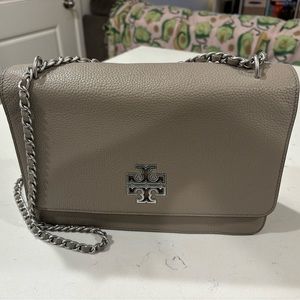 Tory Burch Gray Poblano Britten Chain Shoulder Bag with Silver Hardware